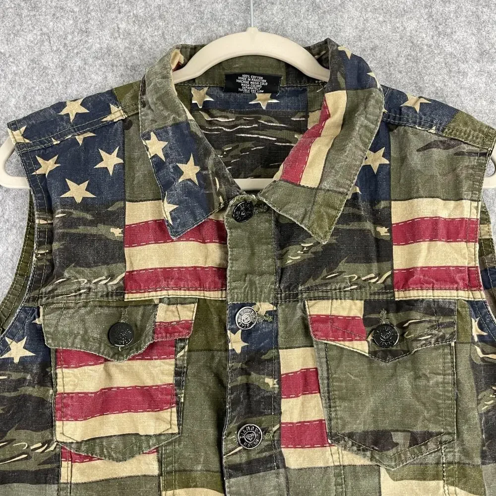 Diamond Stash Vest Mens Medium Ripstop US Flag Camo Distressed Rugged Biker